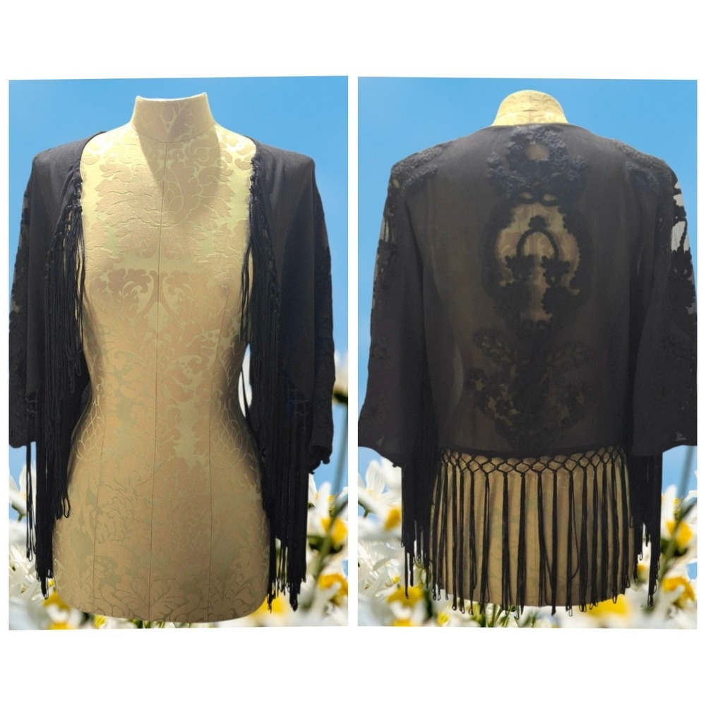 River Island Boho WhimsyGoth Black Sheer Embroidered Fringe Open Cardigan 12 M/L